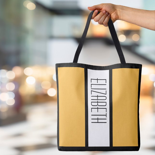 Modern Minimalist Colour Block Custom Name Yellow Tote Bag (Modern Color Block Personalized Monogrammed Name Yellow, Black & White Tote Canvas Shopping Tote Bag)