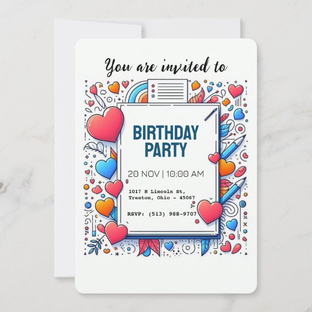 Modern Minimalist Colourful Heart Doodle Invitation (Front)