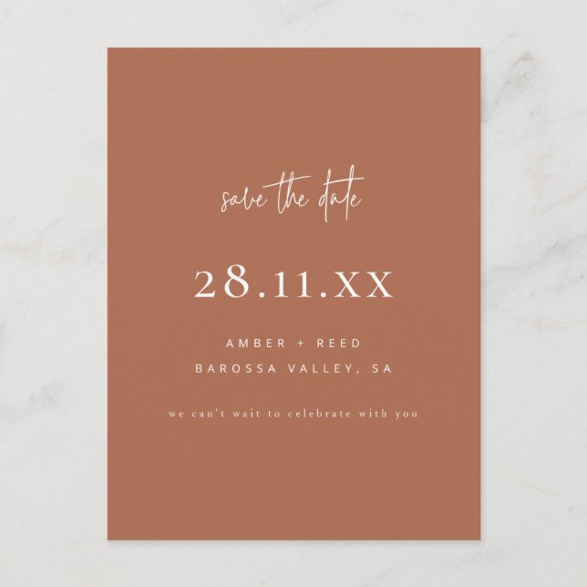 Modern Minimalist Copper Script Save The Date Announcement Postcard (Front)