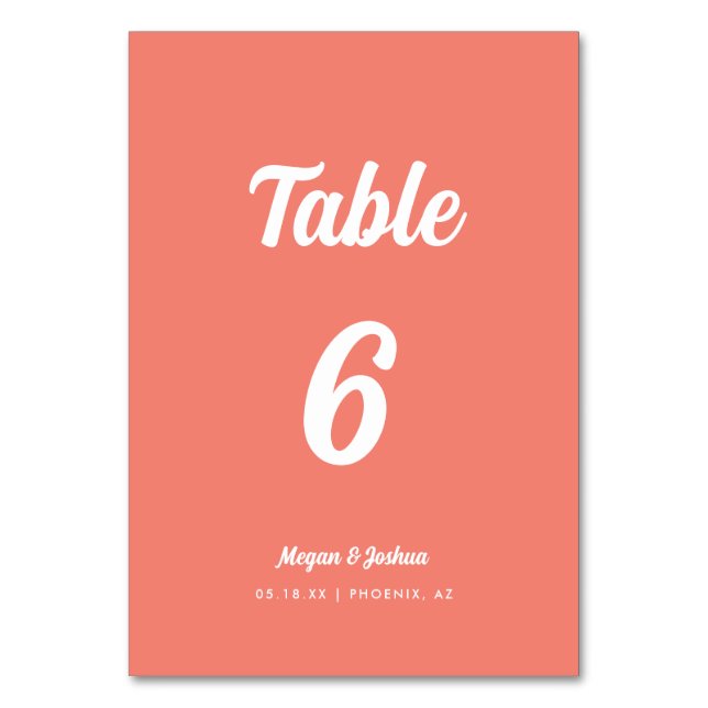 Modern Minimalist Coral Pink Wedding Table Number (Front)