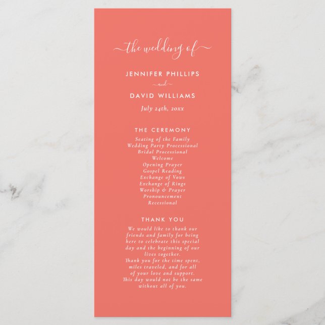 Modern Minimalist Coral Wedding Program Programme (Front)