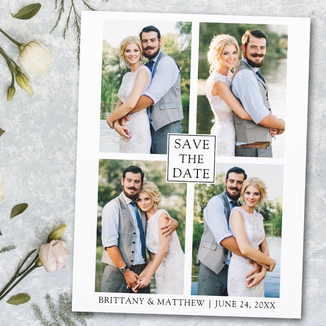 Modern Minimalist Couple 4 Photo Save the Date Postcard (Customize to change text size or text style.)