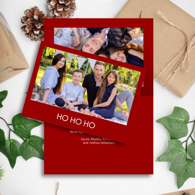 Modern Minimalist Crimson Red "HO HO HO" Photo  Holiday Card (Creator Uploaded)