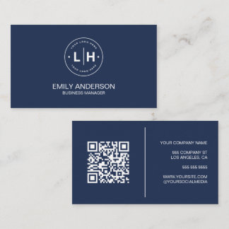 Modern Minimalist Custom Logo QR Navy Blue Business Card