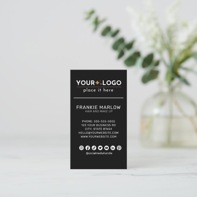 Modern Minimalist Custom Logo Social Media Black Business Card (Standing Front)