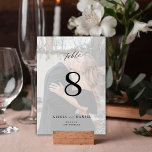 Modern minimalist custom photo wedding  table number<br><div class="desc">Classy calligraphy script simple chic black and white text overlay bride and groom names and photo personalised wedding table number. Please note that to order different numbers you need to customise them and put them in the shopping cart one by one (one card with no 1, another with no 2,...</div>