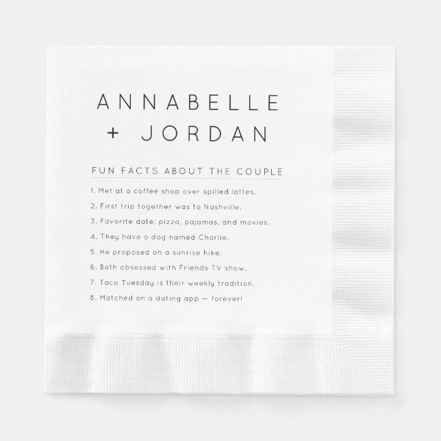 Modern Minimalist Custom Wedding Fun Facts  Napkin (Front)