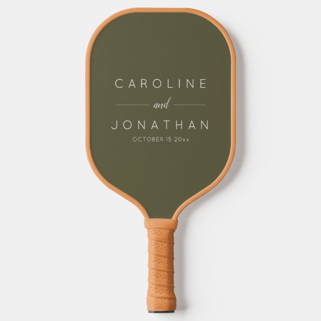 Modern Minimalist Custom Wedding Names Olive Moss Pickleball Paddle (Front)