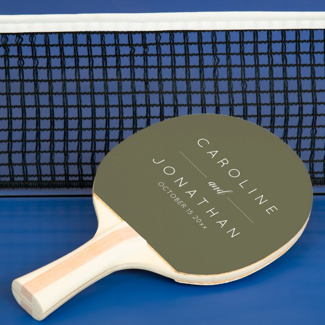 Modern Minimalist Custom Wedding Names Olive Moss Ping Pong Paddle (Insitu)