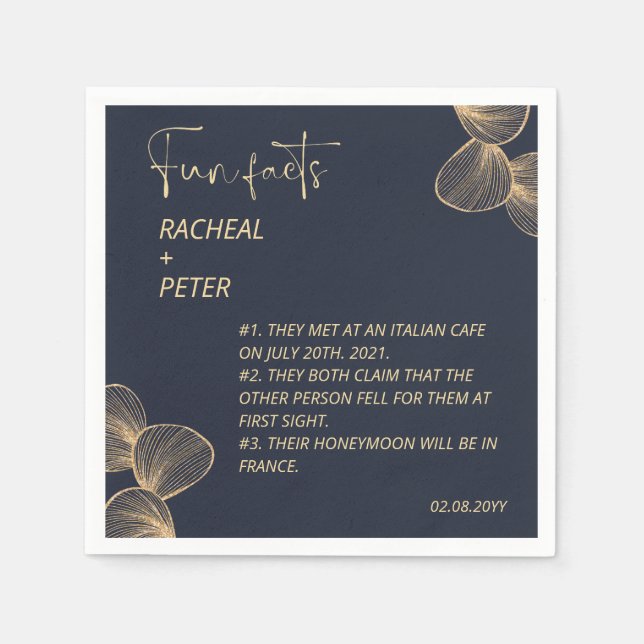 Modern Minimalist Dark Blue Fun Facts Wedding Napkin (Front)