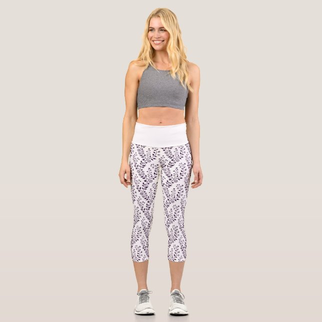 Modern Minimalist Dark Plum White Floral  Capri Leggings (Front)
