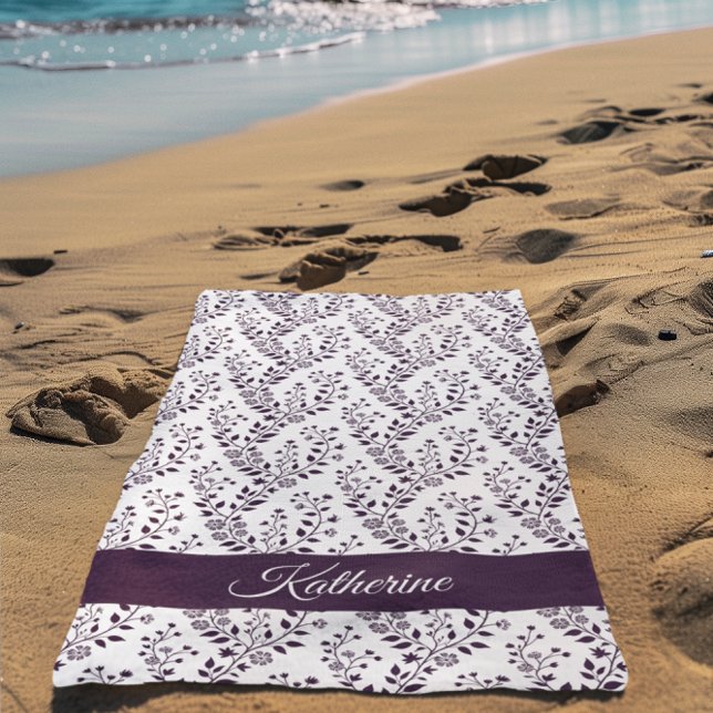 Modern Minimalist Dark Plum White Floral Script Beach Towel (Creator Uploaded)