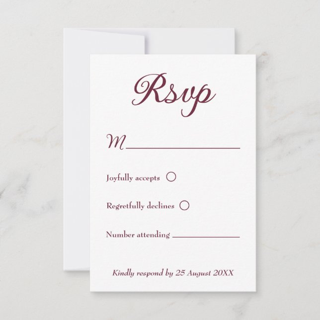 Modern Minimalist Dark Red and White Wedding RSVP (Front)
