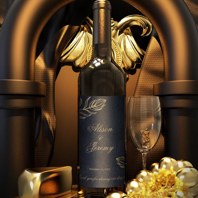 Modern Minimalist Deep Blue & Gold Botanical Bloom Wine Label (Creator Uploaded)