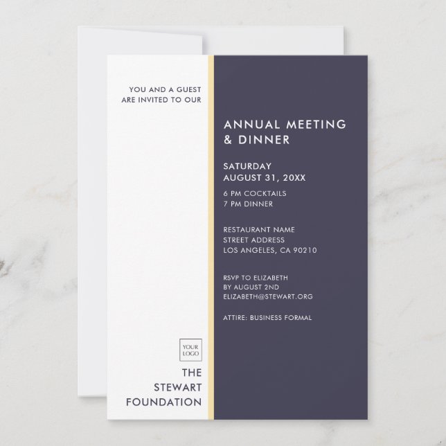 Modern Minimalist Deep Blue Gold Business Dinner Invitation (Front)
