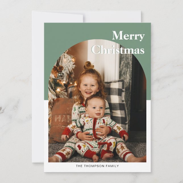 Modern Minimalist Deep Green Photo Arch Holiday Card (Front)