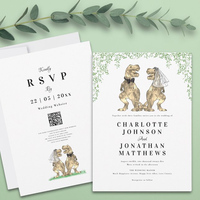 Modern Minimalist Dinosaur Theme Wedding Invitation (Botanical dinosaur theme wedding invitation with qr code and T-Rex bride and groom)