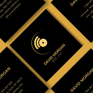 Modern Minimalist DJ Black & Gold Music Logo Square Business Card