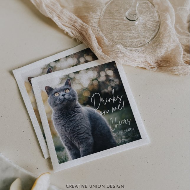 Modern Minimalist Drinks On Me Photo Pet Wedding Napkin (Creator Uploaded)
