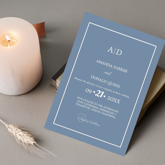Modern Minimalist Dusty blue Monogram Wedding Invitation (Creator Uploaded)
