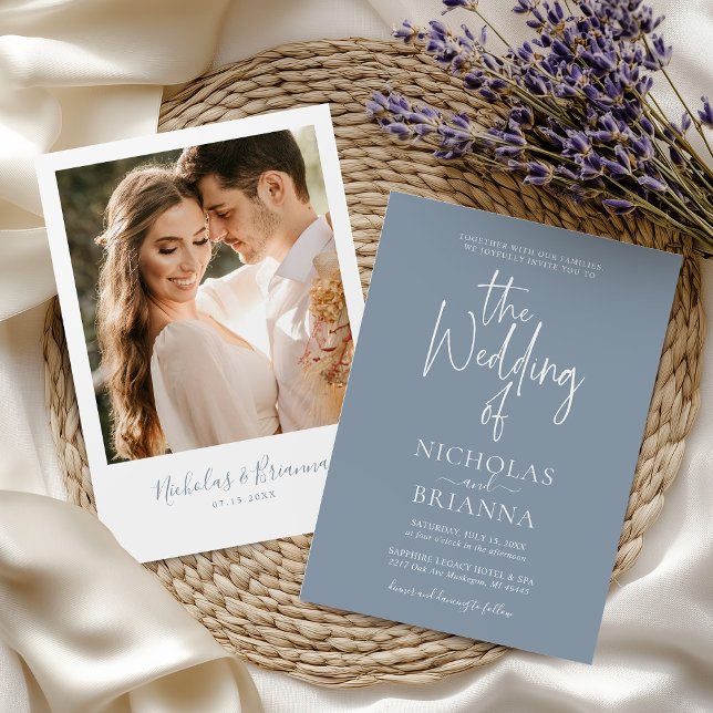 Modern Minimalist Dusty Blue Wedding Classic Photo Invitation (Creator Uploaded)