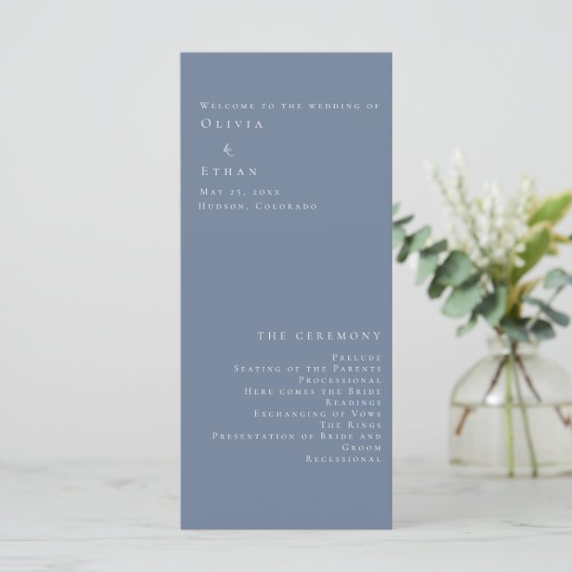 Modern Minimalist Dusty Blue Wedding Program (Standing Front)