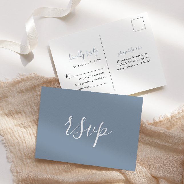 Modern Minimalist Dusty Blue Wedding RSVP Postcard (Creator Uploaded)