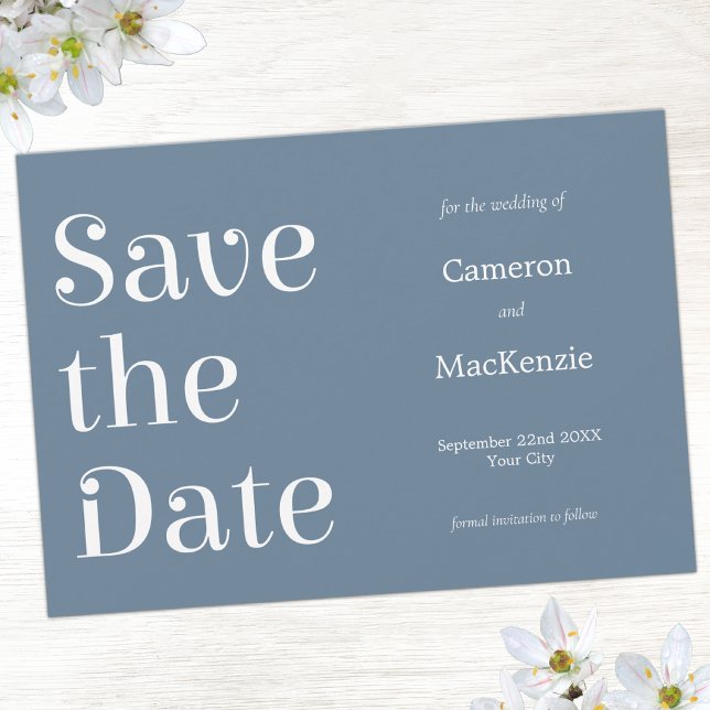 Modern Minimalist Dusty Blue Wedding Save the Date (Dusty blue modern minimalist typography Save the Date wedding invitation)
