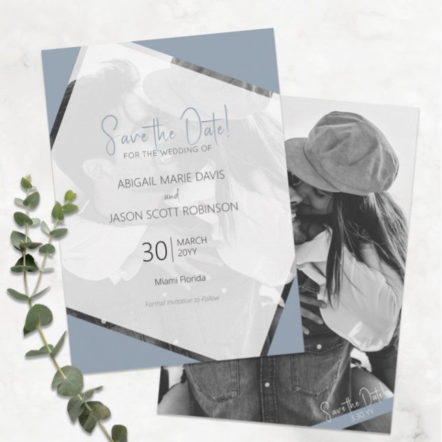 Modern Minimalist Dusty Blue Wedding Save the Date Invitation (Modern Minimalist Dusty Blue Wedding Save the Date with Black and White Engagement Photo)