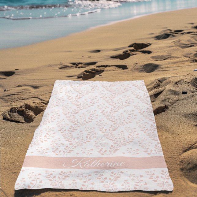 Modern Minimalist Dusty Rose White Floral Script Beach Towel (Creator Uploaded)