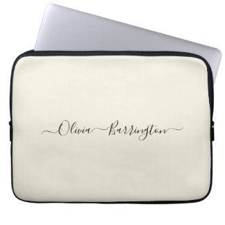 Modern Minimalist Ecru White Script Custom Name Laptop Sleeve