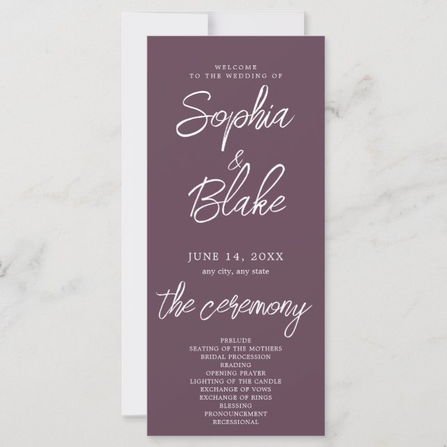 Modern Minimalist Eggplant Purple Wedding Program (Front)
