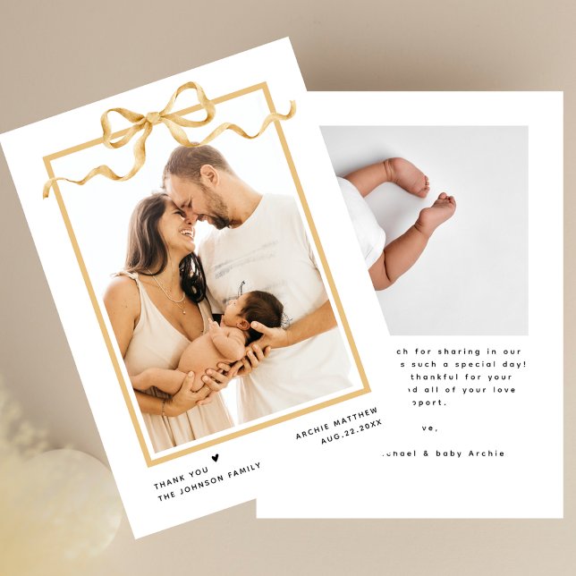Modern Minimalist Elegant 2 Photo Gold Baby Shower Thank You Card (Creator Uploaded)