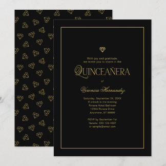 Modern Minimalist Elegant Black Gold Quinceanera Invitation