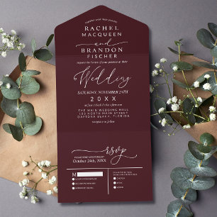 Modern Minimalist Elegant Burgundy White Wedding All In One Invitation
