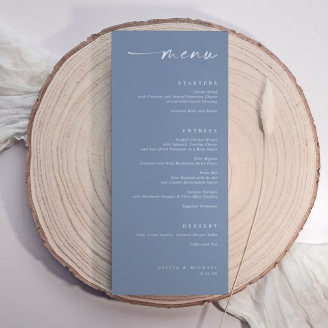 Modern Minimalist Elegant Dusty Blue Wedding Menu (Dusty blue wedding menu with elegant handwritten script and minimalist modern typography.)