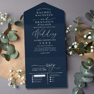 Modern Minimalist Elegant Navy Blue White Wedding All In One Invitation