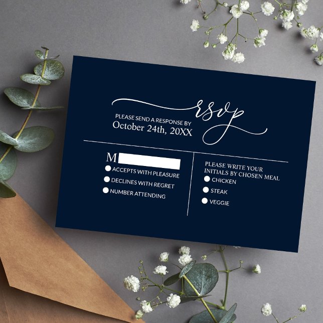 Modern Minimalist Elegant Navy Blue White Wedding  RSVP Card (Creator Uploaded)