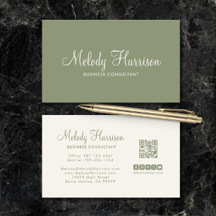 Modern Minimalist Elegant Sage Green QR Code Business Card