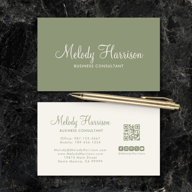 Modern Minimalist Elegant Sage Green QR Code Business Card (Modern Minimalist Elegant Sage Green QR Code Business Card with Social Media Icons on the Back.)