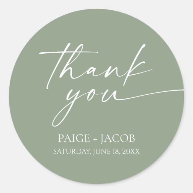 Modern Minimalist Elegant Sage Green Wedding Classic Round Sticker (Front)
