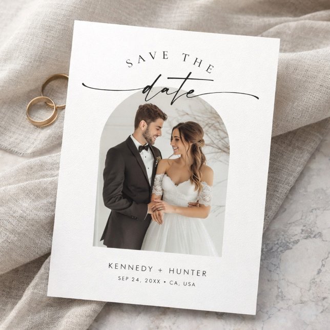 Modern Minimalist Elegant Script Arch Photo Save The Date (Creator Uploaded)