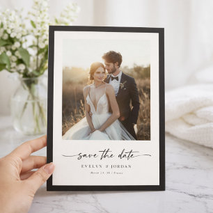 Modern Minimalist Elegant Script Black Frame Photo Save The Date
