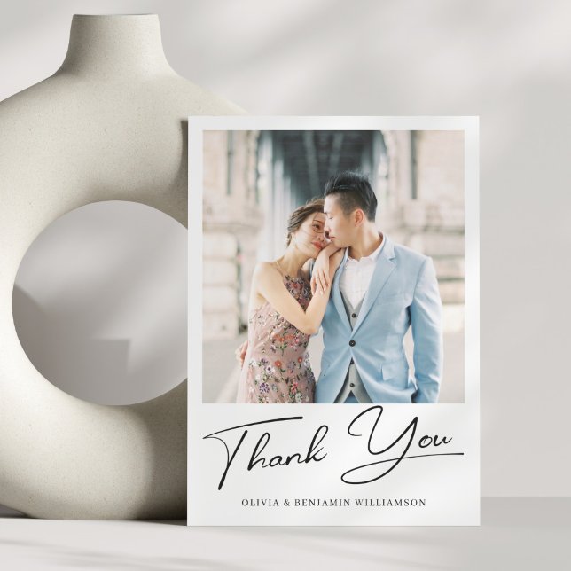 Modern Minimalist Elegant Script Photo Wedding Thank You Card (Creator Uploaded)