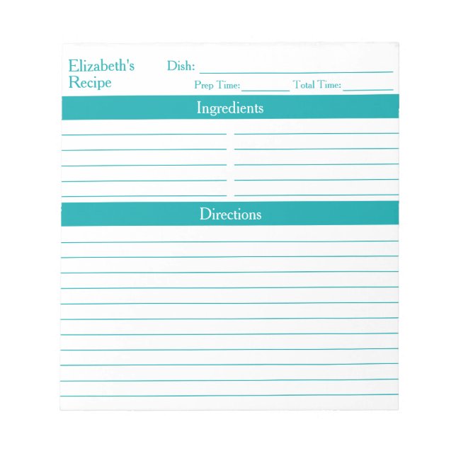 Modern Minimalist Elegant Teal Recipes Notepad (Front)