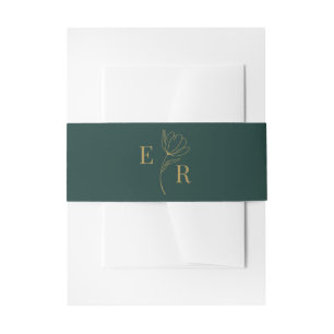 Modern Minimalist Emerald Green Floral Monogram Invitation Belly Band