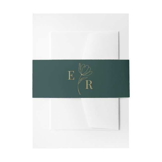 Modern Minimalist Emerald Green Floral Monogram Invitation Belly Band (Front Example)