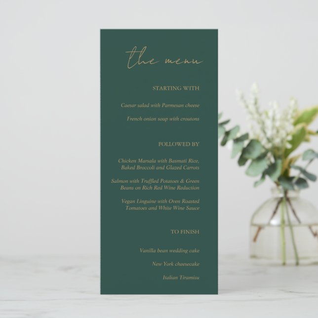 Modern Minimalist Emerald Green Gold Wedding Menu (Standing Front)
