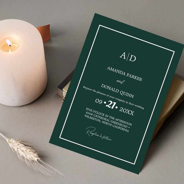Modern Minimalist Emerald Grenn Monogram Wedding Invitation (Creator Uploaded)