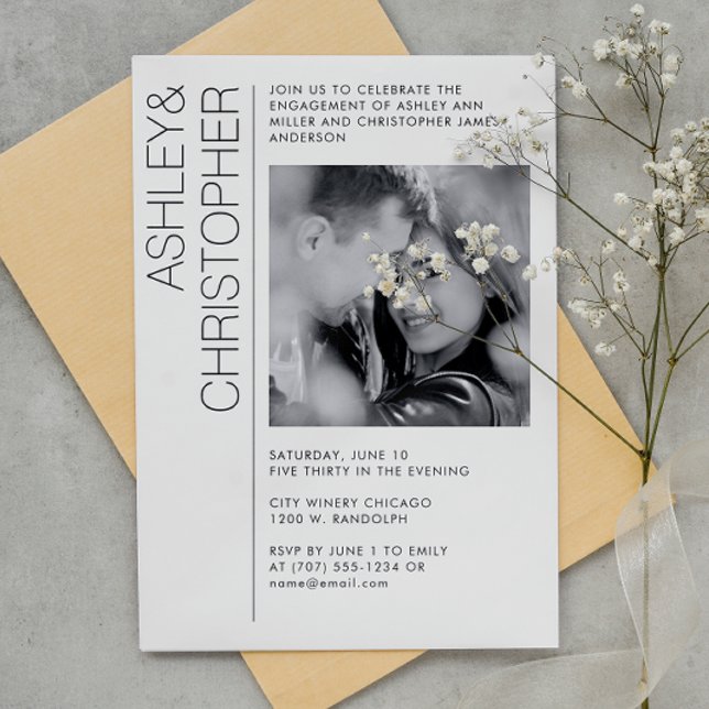 Modern Minimalist Engagement Party B&W Photo Invitation (Creator Uploaded)